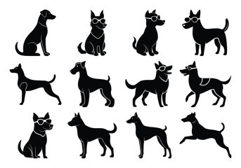 Stylish Dog Silhouettes Vector in Sunglasses on white background 