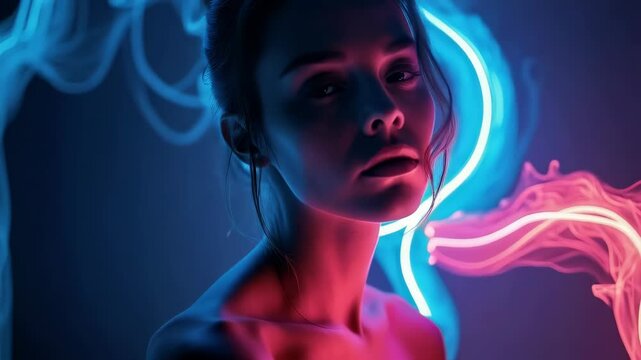 Striking portrait of a woman illuminated by vibrant neon blue and pink light, with flowing, ethereal smoke surrounding her. Dramatic and captivating