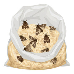 Open food bag infested with cockroaches, representing contamination or pest issue.