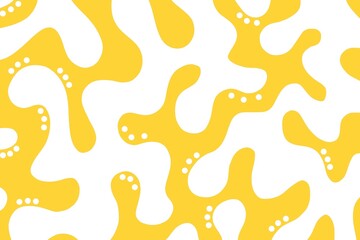 Seamless pattern, abstract organic lines color background. Biological pattern with yellow and white memphis dots, irregular waves and abstract shape texture 