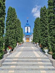 Ulmu Monastery of Saint Theodora of Sihla in Moldova. Christian Orthodox church with a distinctive architectural style traditional for eastern Europe culture