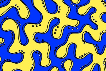 Abstract horizontal background with colorful waves. Blue and yellow abstract texture background with wave, liquid, paint splash, line and dot design for wallpaper, banner, print, social media, etc.