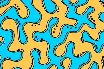 Abstract pattern of lines and shapes. 
abstract waves and dots seamless pattern in blue and yellow colors. Curvy abstract background 