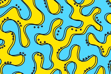 Seamless pattern, abstract organic lines color background. Biological pattern with blue and yellow memphis dots, irregular waves and abstract shape texture 