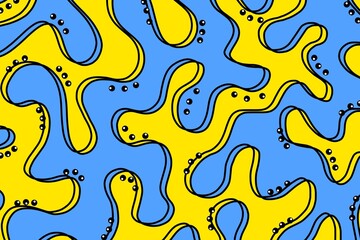 Abstract blue and yellow pattern background. Abstract wavy background with waves, lines and dots. Design for wallpaper, banner, template, print, decor, etc.