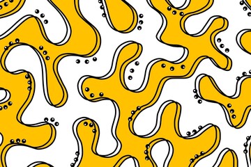 Seamless pattern, abstract organic lines color background. Biological pattern with yellow and white memphis dots, irregular waves and abstract shape texture 