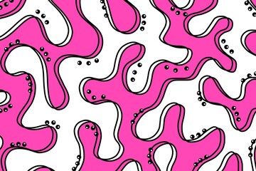 Abstract horizontal background with pink, white and black waves, lines and dots. Trendy vector illustration. Pink, white and black wallpaper, decoration, banner, card, template, etc.