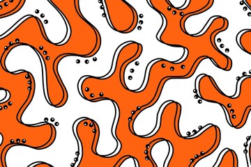 Seamless pattern, abstract organic lines color background. Biological pattern with orange and white memphis dots, irregular waves and abstract shape texture 
