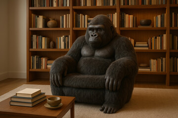 Gorilla shaped lounge chair in cozy home library with wooden bookcases