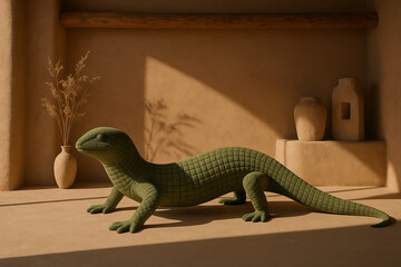 Green lizard shaped lounge chair in sunlit adobe style room with ceramic vases