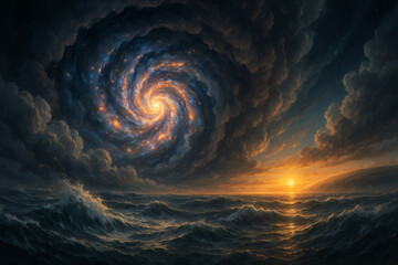 Surreal swirling galaxy over ocean waves with golden sunlight on horizon