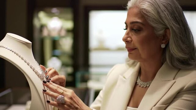 An elegant woman carefully examines sparkling diamond jewelry in a display case showcasing style and sophisticated fashion
