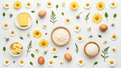 Baking ingredients flatlay with daisies and herbs