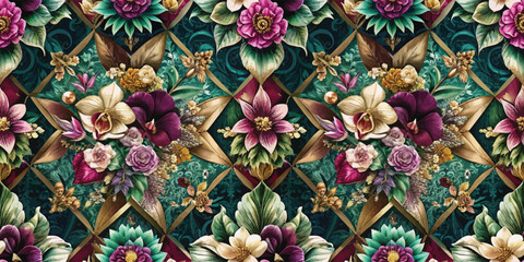 A vibrant floral pattern featuring lush orchids and roses in rich colors.