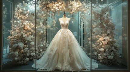 Elegant wedding dress displayed in a bridal shop window, showcased on a graceful mannequin surrounded by a delicate arch of blooming white and blush-toned floral arrangements.
