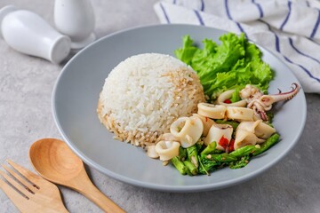 Rice topped with stir fried Thai basil with Squid , pad ka praow