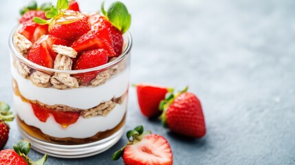 Delightful Glass Jar Filled with Creamy Dessert and Fresh Strawberries