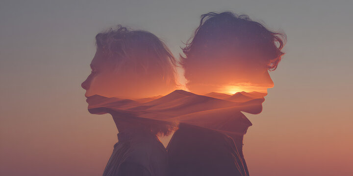 Soulmates Silhouette: A man and a woman, their silhouettes intertwining against a breathtaking sunset canvas, evokes feelings of love, connection, and the promise of eternal companionship. 