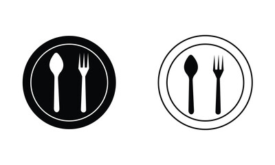 Dinner dish or plate with spoon and fork sign vector icon. Fork and spoon icon. Spoon, forks, knife, plate icon. Plate vector icon. Ceramic, glass plate symbol.