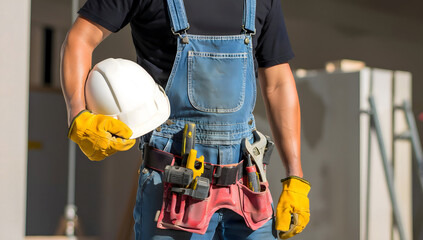 Fototapeta premium Construction Worker Holding Hard Hat on Building Site