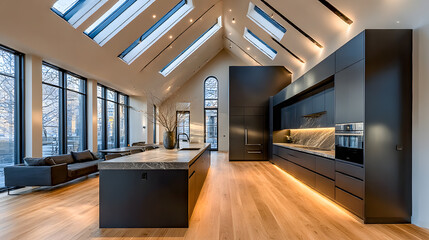 Modern open plan kitchen and living room boasting sleek black cabinets and skylights