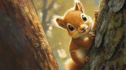 Adorable cartoon squirrel peeking from behind a tree trunk in a forest.