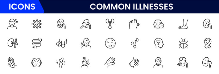 Common Illnesses line icons set. Common Illnesses outline icons with editable stroke collection. These Includes Breast Cancer, Depression, Brain Tumor, Allergy, Diabetes, and More.