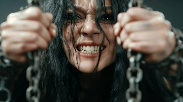 Crazy desperate woman in chains screaming. Medieval inquisition against witches concept