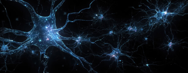Closeup of glowing blue network connections. Abstract background for science, neuroscience, digital technology.