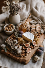 Fototapeta premium Autumn snack board with brie, honey and figs