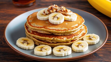 Delicious Plate of Fluffy Pancakes Topped with Fresh Bananas and Nuts