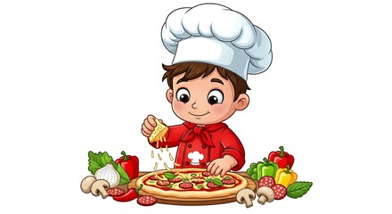 Cartoon boy chef making pizza with ingredients on table. Focused and creative cooking character on white background.