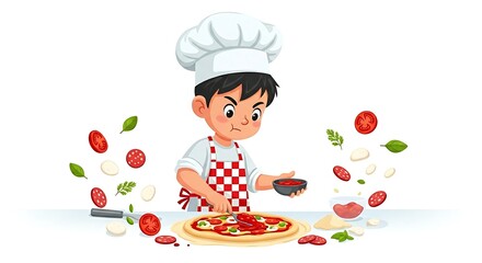 Cartoon boy chef making pizza with ingredients on table. Focused and creative cooking character on white background.
