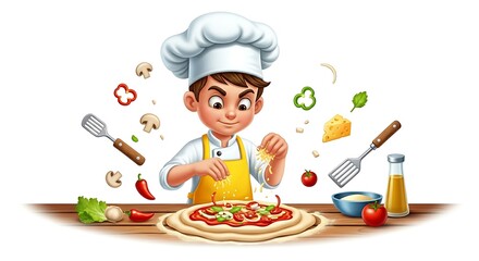Cartoon boy chef making pizza with ingredients on table. Focused and creative cooking character on white background.
