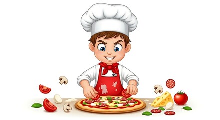 Cartoon boy chef making pizza with ingredients on table. Focused and creative cooking character on white background.