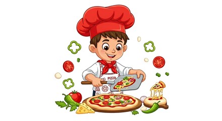 Cartoon boy chef making pizza with ingredients on table. Focused and creative cooking character on white background.