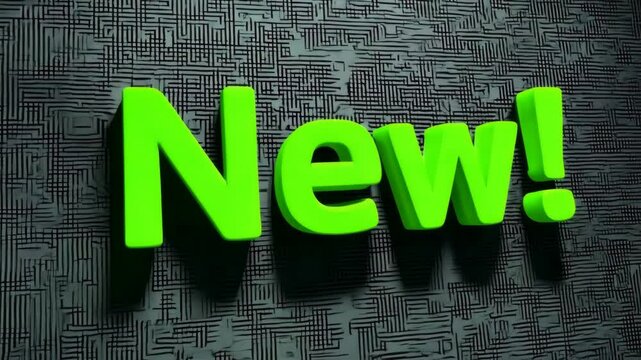 Zooming out from the word "New!" in bright green monospace font against a black grid-textured background with cool modern lighting. Futuristic digital announcement concept
