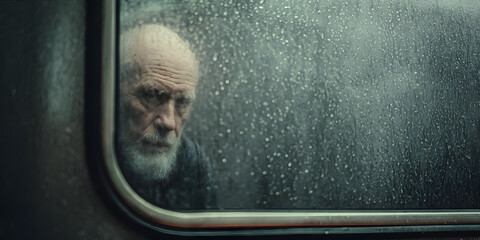 Solitary Reflection on a Journey: An elderly man gazes pensively through a rain-streaked window, a portrait of contemplation and introspection.