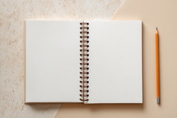 Open sketchbook with blank pages ready for creativity Simple composition with pencil on a neutral background Space for inspiration