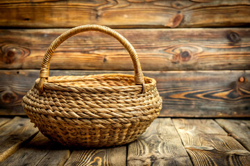Woven Straw Basket Made of Natural Fibers on Wooden Background