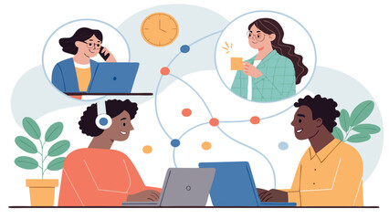 Flat Vector Illustration of Diverse Team with Digital Integration  
