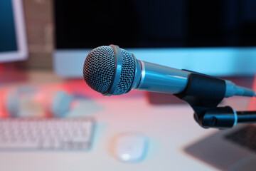 Stand with microphone in recording studio, closeup