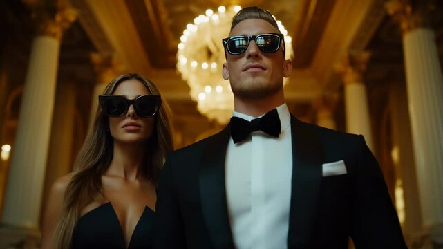 Stylish couple pose confidently in a luxurious ballroom, showing off glamour and elegance during a high-class event. Confident and successful man and woman walk together in a luxurious hotel