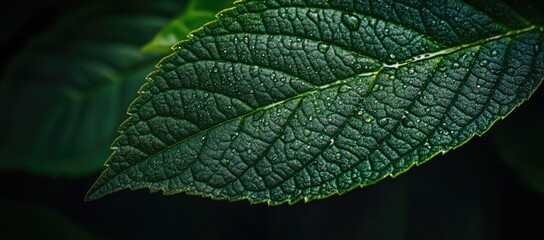 Close-up of a vibrant green leaf with water droplets