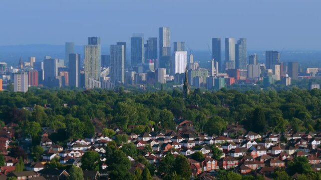 Aerial video of Manchester skyline filmed from Heaton Park 