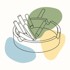 minimalistic black silhouette line-art illustration of an ashtray filled with several cigarette butts