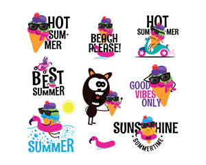 Fun Summer Icons Featuring Beach, Ice Cream, Sun, and Good Vibes in a Colorful Vector Illustration Set for Seasonal Designs. Vector illustration.