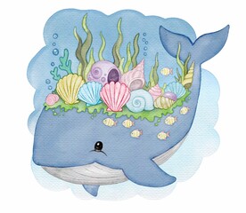 Watercolor dream whale with seashells weeds and fish