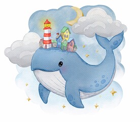 Watercolor dream whale with lighthouse and moon illustration
