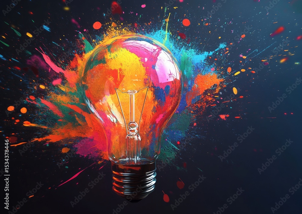 Poster colorful lightbulb exploding with paint